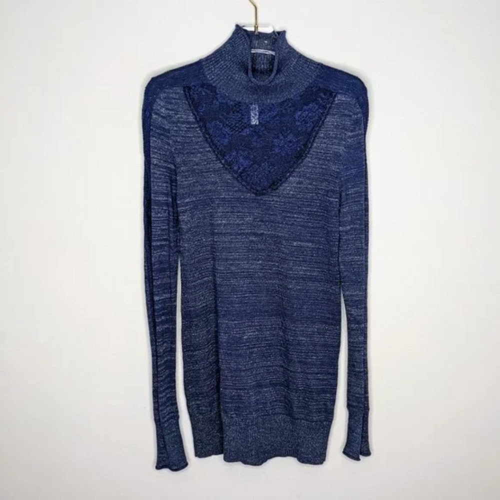 💖Free People Blue Metallic Ribbed Long Sleeve Lace Insert Mock Neck Top Size S